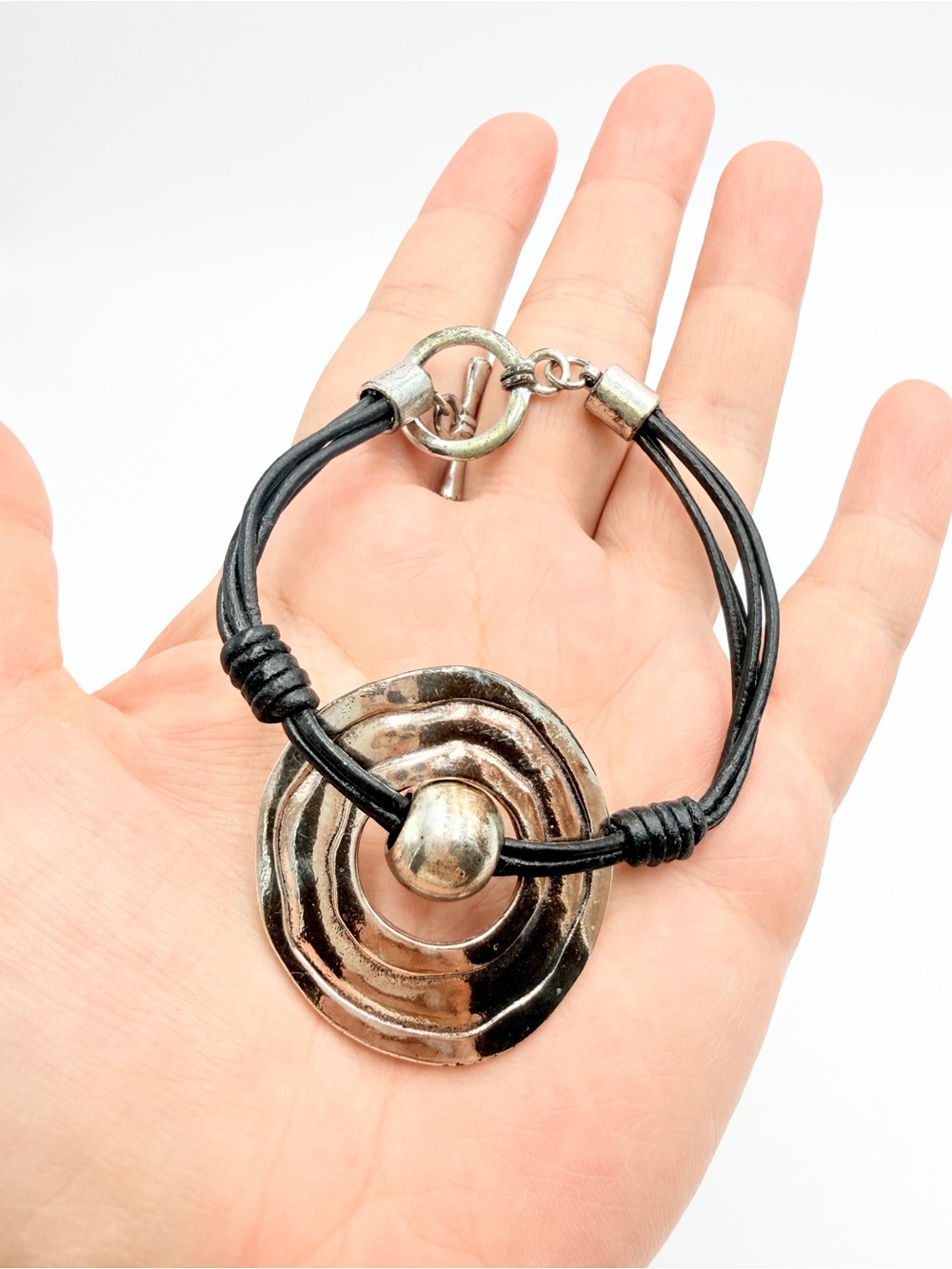 Vintage Silver Tone Hammered Disc Black Leather Statement Bracelet